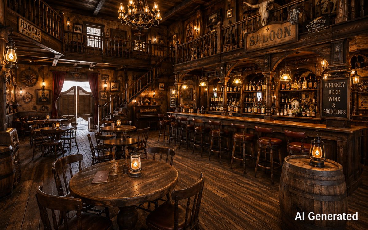 Innenansicht des Saloons mit Holzbar und Kronleuchtern – Westernrestaurant bei Bad Segeberg